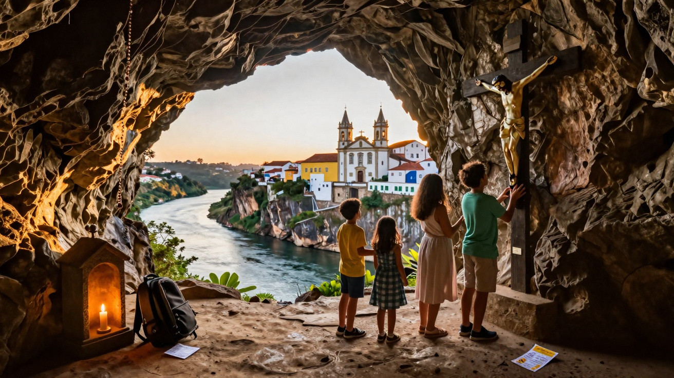 Crianças em caverna orando diante de crucifixo com vista para rio e igreja ao pôr do sol.