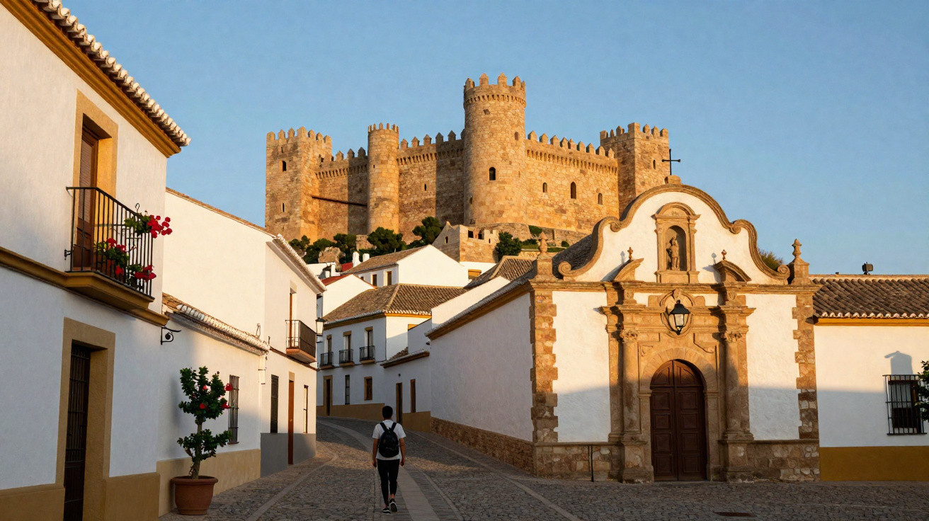 Castelo medieval ao fundo com casas brancas e pessoa caminhando em rua de pedra ao pôr do sol.