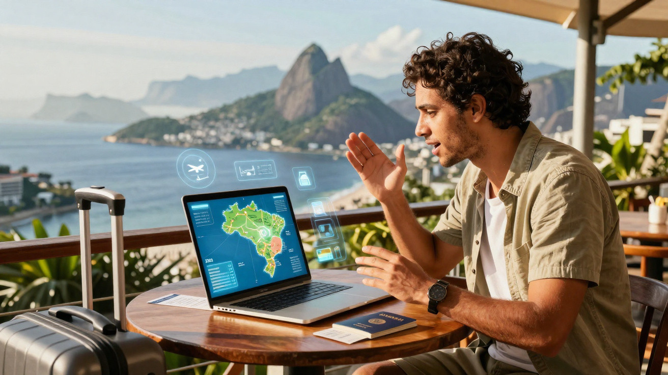 Homem sentado em área externa com laptop mostrando mapa do Brasil e mala ao lado, cenário com montanha e mar ao fundo.
