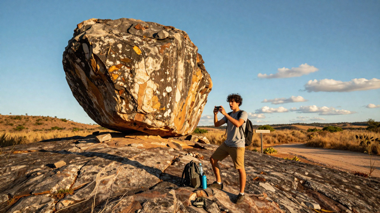 Homem tirando foto de pedra enorme equilibrada no topo de mastro rochoso em área seca e ensolarada.