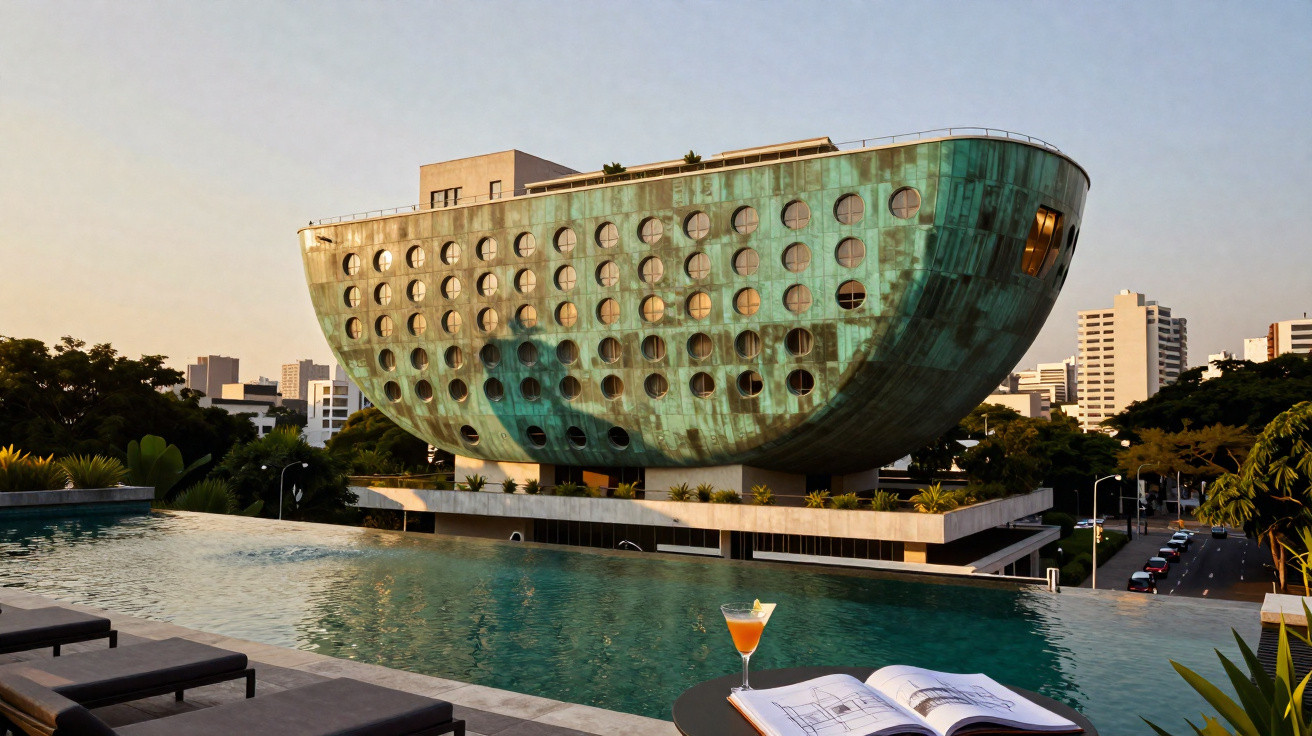 Edifício com formato de barco, fachada com janelas redondas, ao lado de piscina e céu ao entardecer.