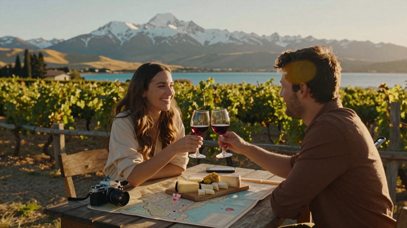 Casal brinda com vinho em mesa com tábua de queijos, câmera e mapa, ao ar livre com vinhedo e montanhas ao fundo.