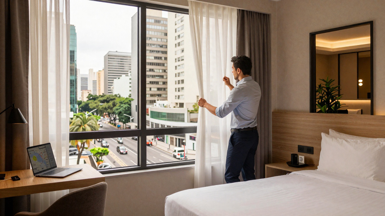 Homem abrindo a cortina de vidro em quarto de hotel com cama, mesa e laptop, vista urbana.