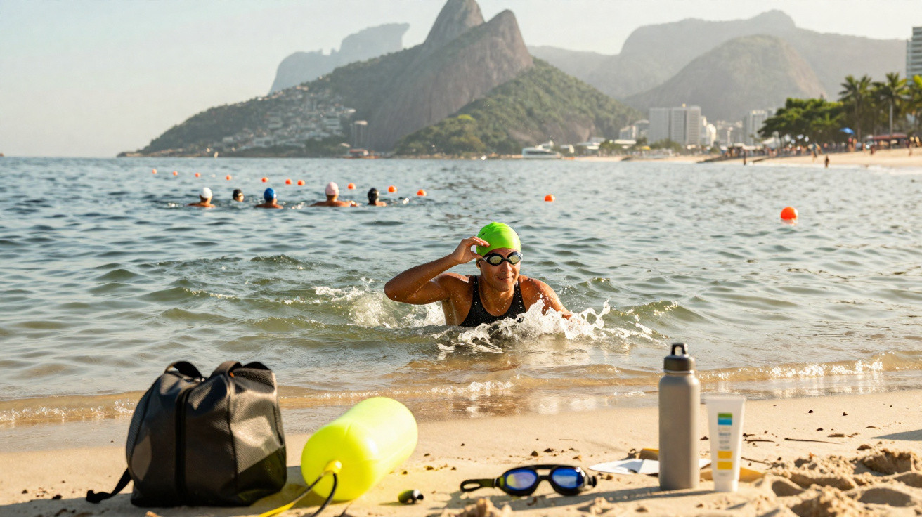 Pessoa com touca verde nadando no mar próximo à praia com montanhas ao fundo em dia ensolarado.