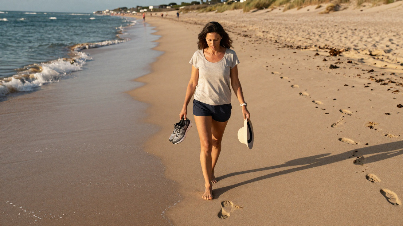 Mulher caminhando descalça na praia ao entardecer, segurando tênis e chapéu, com pegadas na areia.
