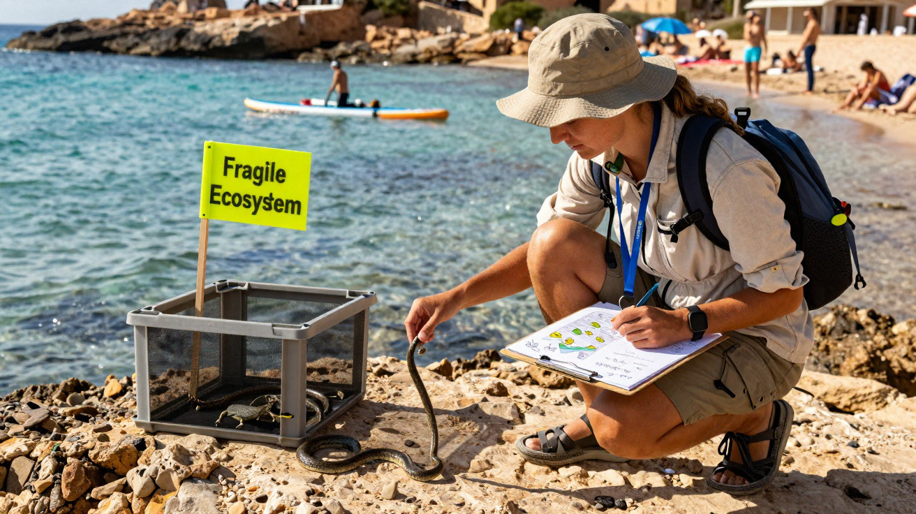 Mulher cientista estudando cobra próxima à praia, com placa "Fragile Ecosystem" e cesto para captura.