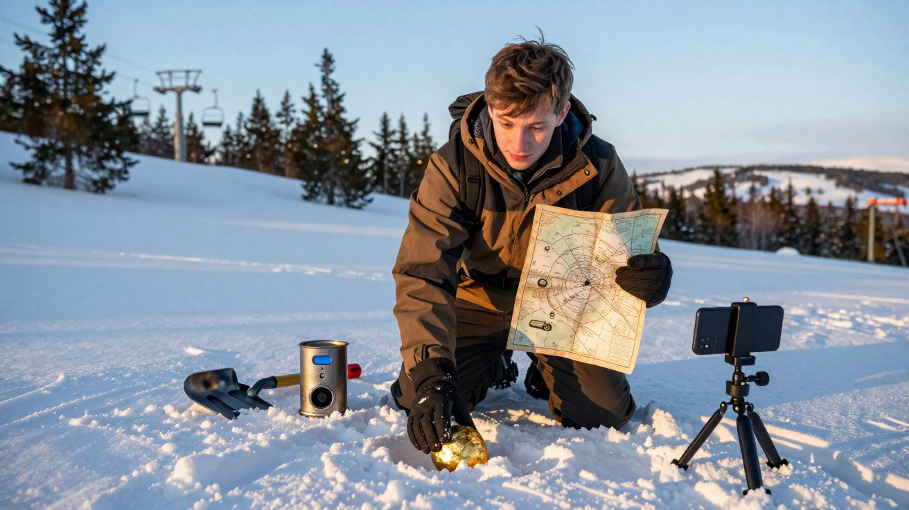Jovem agachado na neve segurando mapa e ouro, com câmera e smartphone em tripé ao redor.