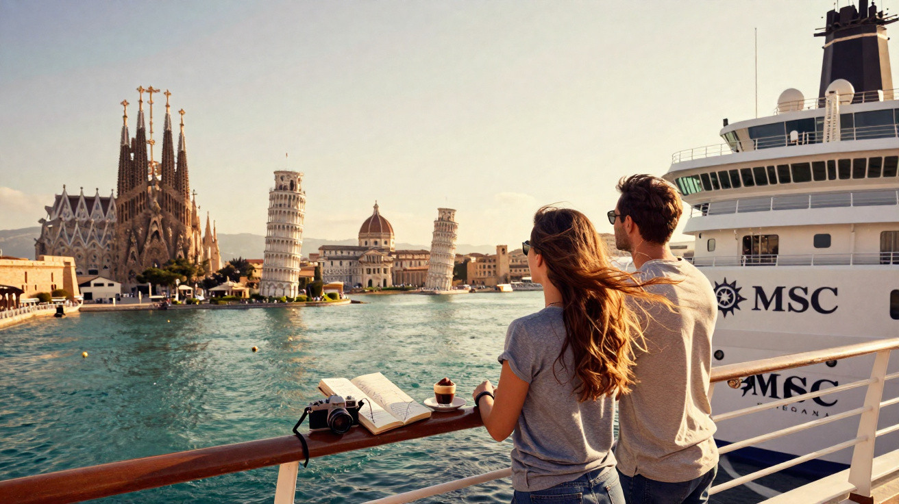 Casal observa atrações turísticas famosas da Europa a partir do convés de um navio MSC.