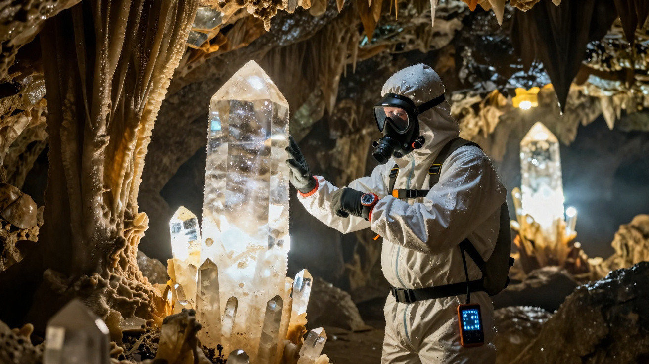 Explorador em traje de proteção interage com cristais gigantes dentro de uma caverna iluminada.