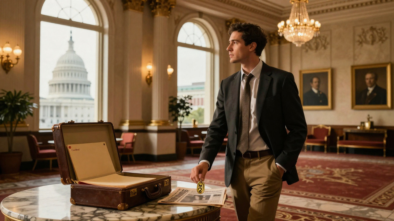 Homem em terno em salão elegante com maleta aberta, jornal e vista do Capitólio ao fundo.