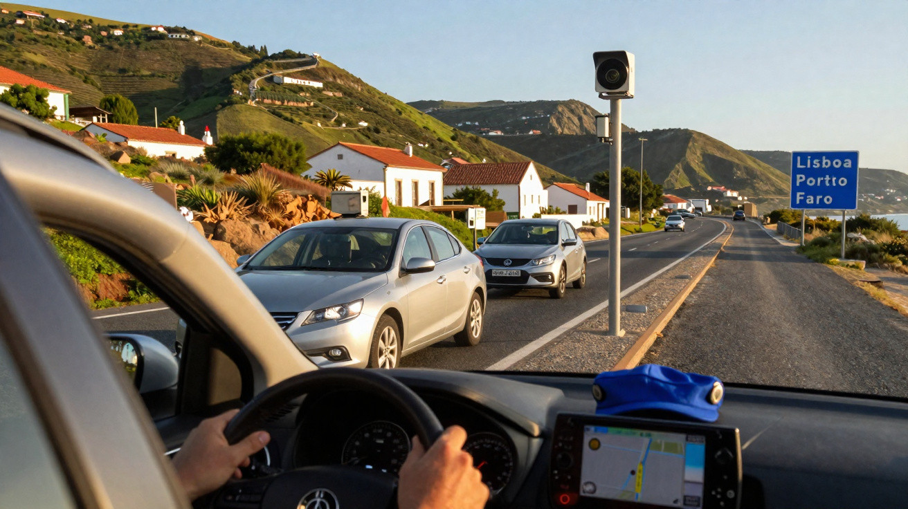 Vista do interior de um carro na estrada com outros veículos e placas indicando Lisboa, Porto e Faro.