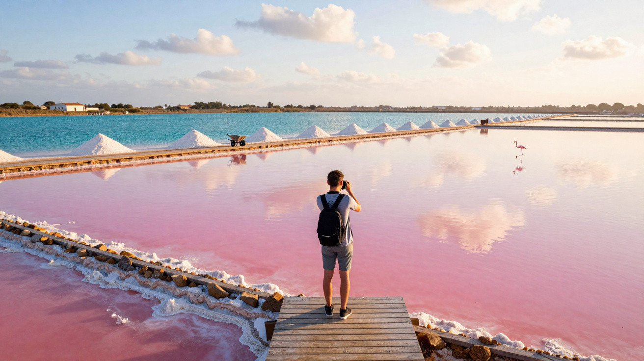 Homem com mochila fotografa lago rosa com flamingo e montes de sal ao fundo em salina ao pôr do sol.