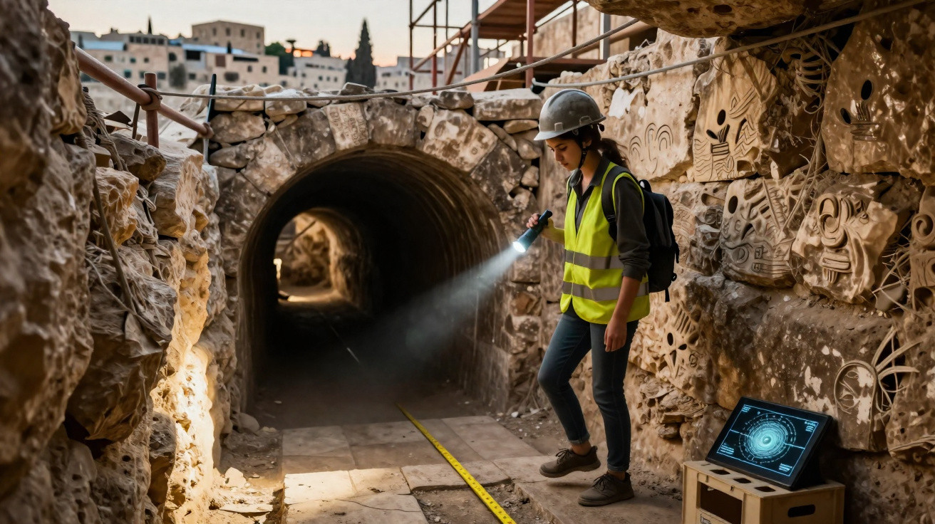 Arqueóloga com colete e capacete explora túnel antigo iluminado por lanterna em escavação arqueológica.
