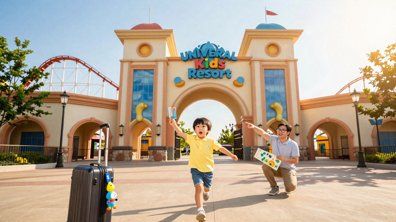 Criança correndo feliz em frente ao portal do Universal Kids Resort com adulto apontando caminho.