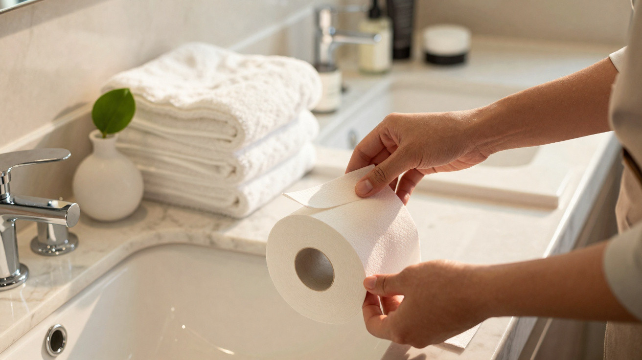 Mãos segurando papel higiênico sobre pia com toalhas brancas dobradas e vaso decorativo ao fundo.