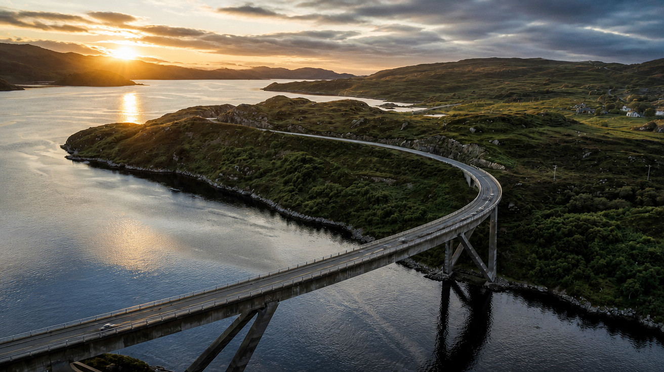 Pôr do sol sobre ponte curva que atravessa rio cercado por colinas verdes e céu parcialmente nublado.