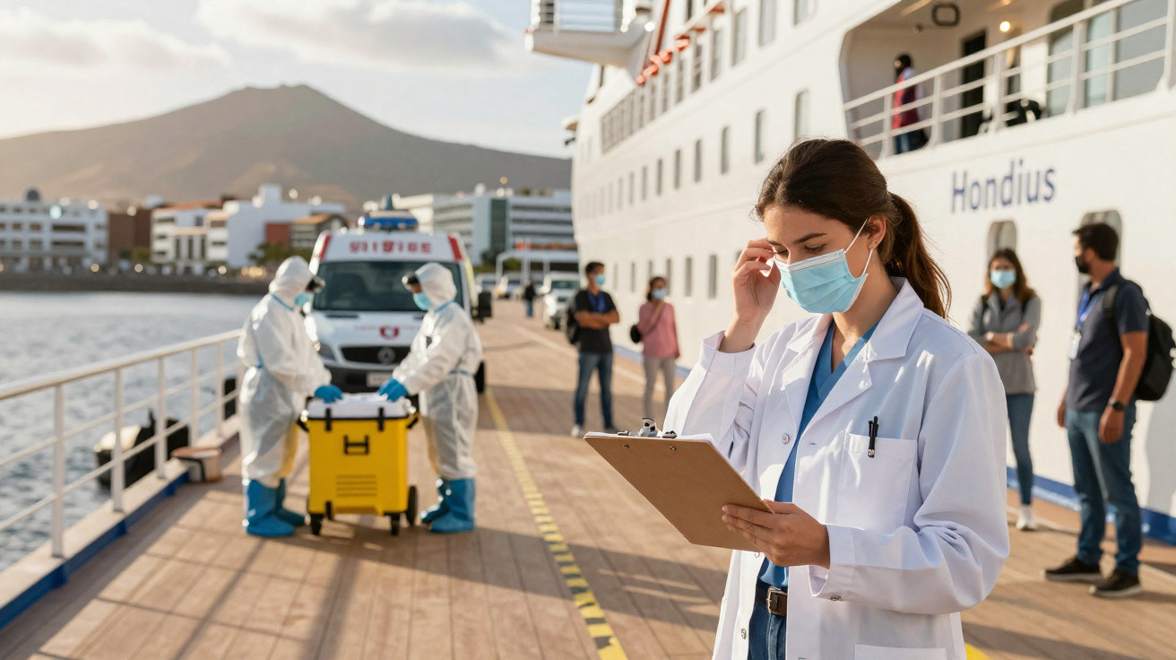Médica com máscara e jaleco revisa documentos em embarque próximo a equipe de saúde com EPIs e ambulância.