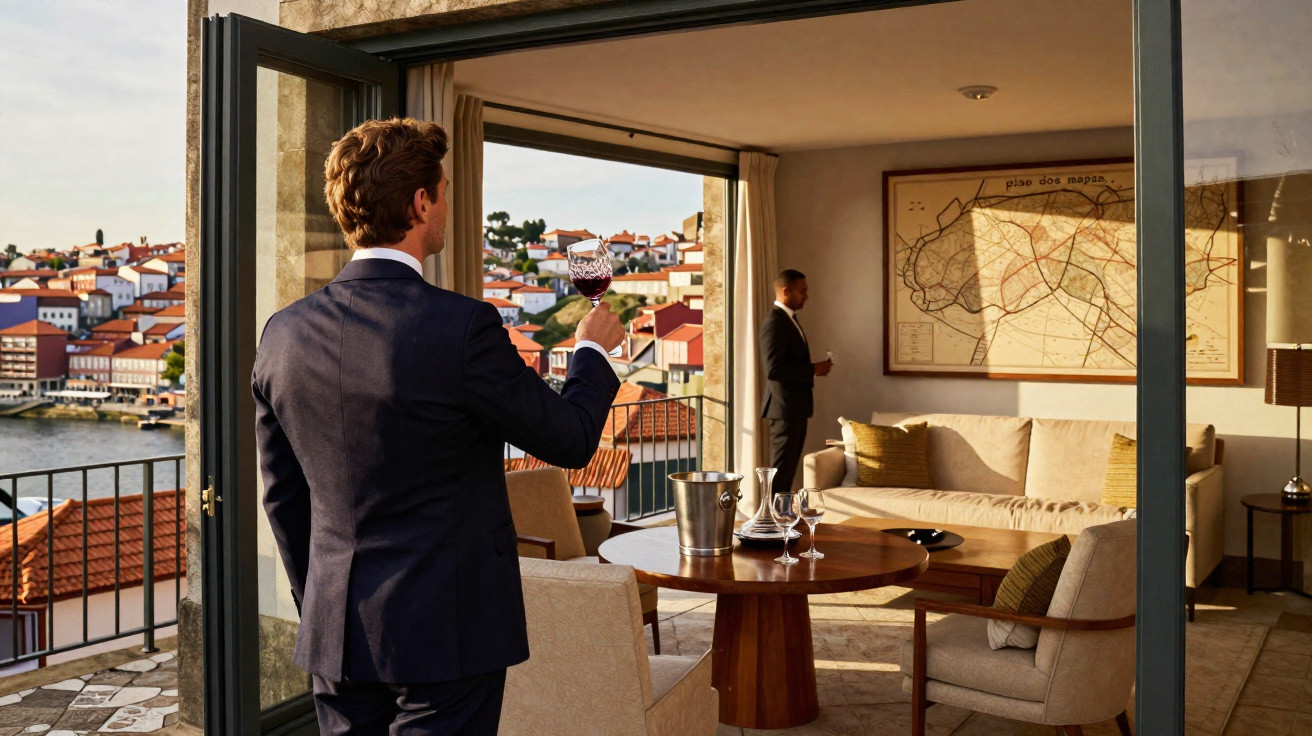 Homem de terno segurando taça de vinho em varanda com vista para cidade e outro homem próximo ao sofá.