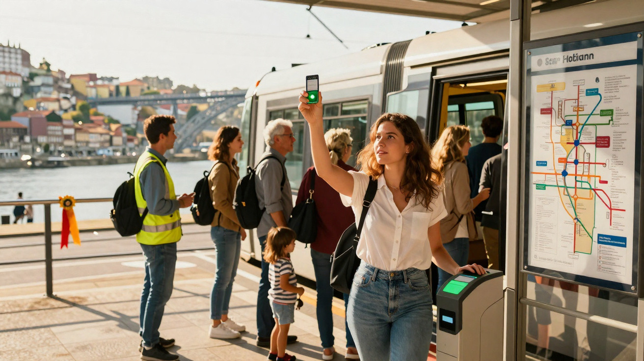 Mulher usa celular para validar passagem ao entrar em trem, com outras pessoas na fila e mapa do metrô ao lado.