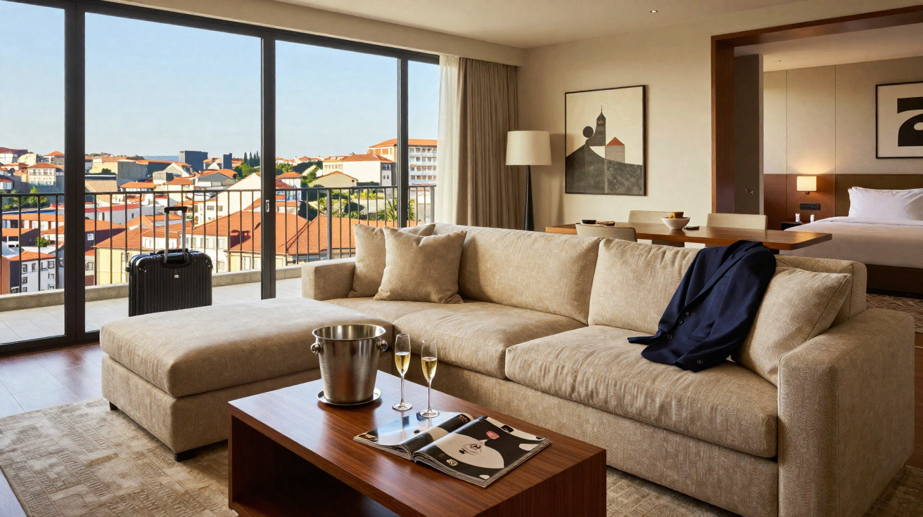 Sala de estar moderna com sofá bege, mesa de centro, varanda e vista para prédios com telhados vermelhos.