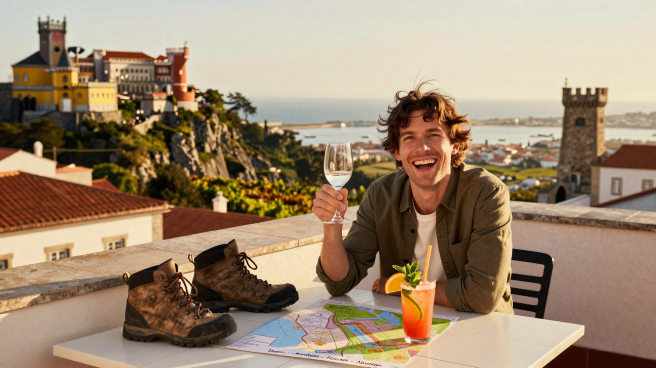 Homem sorridente com taça em mesa de varanda com botas e mapa, vista panorâmica de castelo ao fundo.