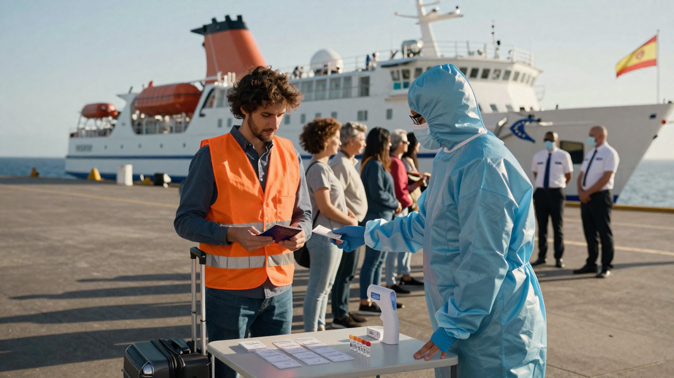 Homem com colete laranja apresenta documentos para profissional de saúde com EPI perto de navio de cruzeiro.