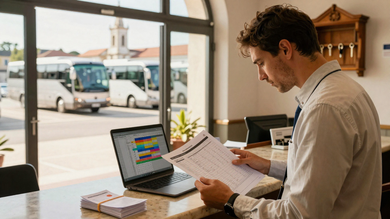 Homem analisando planilha impressa e computador em escritório com vista para estacionamentos e ônibus.
