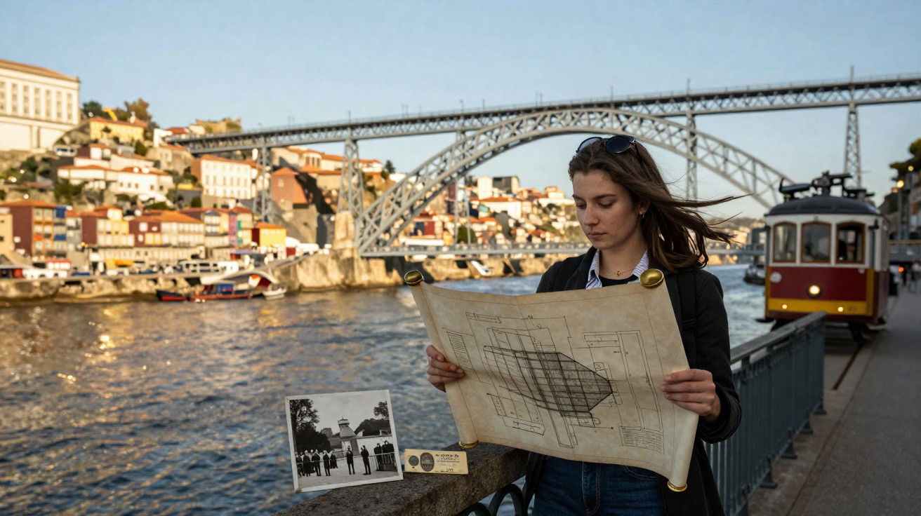 Mulher lendo um mapa antigo à beira do rio com cidade e ponte ao fundo, e bonde ao lado.
