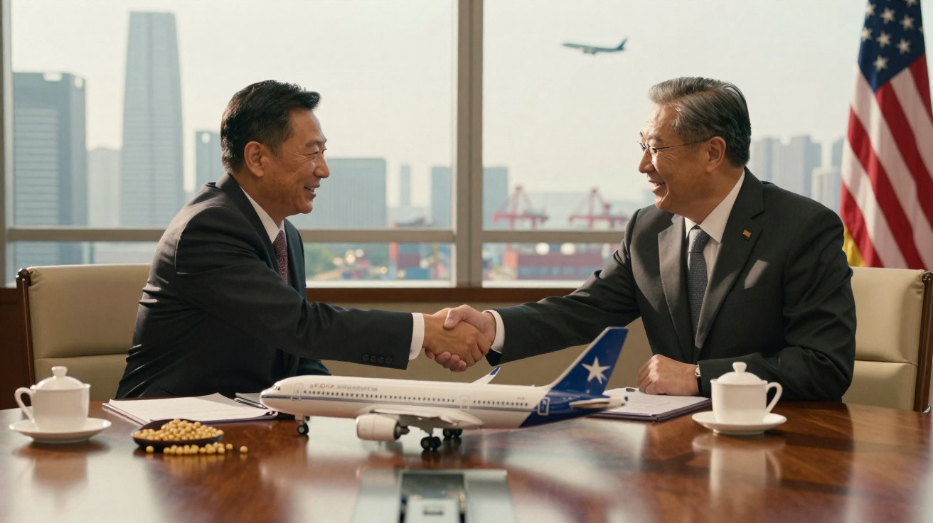 Dois homens de terno apertando as mãos em uma mesa com modelo de avião e bandeira dos EUA ao fundo.