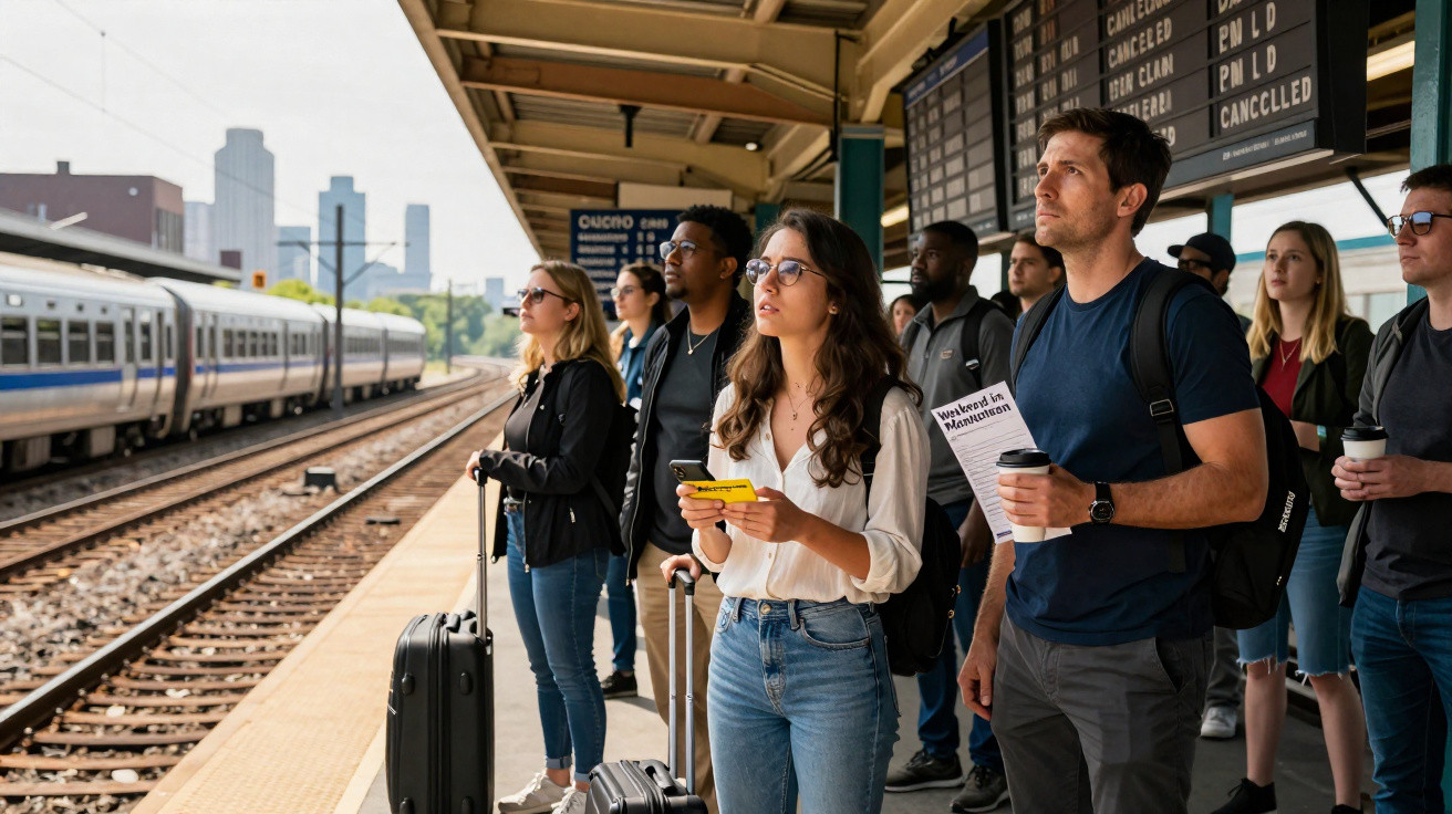 Pessoas aguardam na plataforma de trem em estação, algumas com malas e laptops, olhando painel de horários.