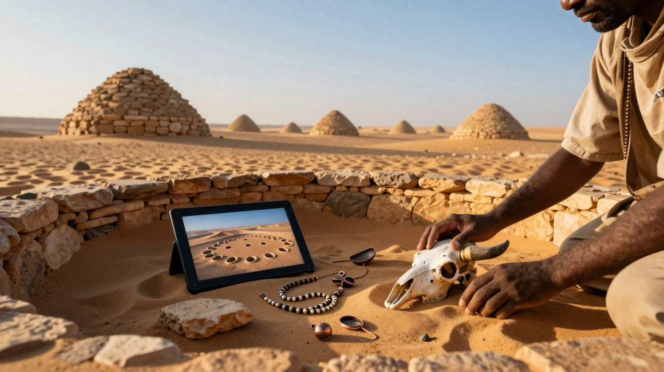 Homem manuseia crânio de animal dentro de círculo de pedra no deserto com pirâmides ao fundo e tablet exibindo imagem.