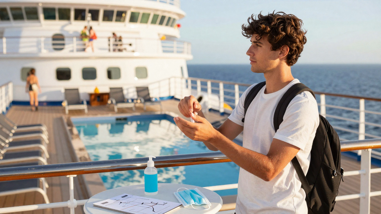 Jovem com mochila aplicando álcool em gel no convés de navio com piscina ao fundo.