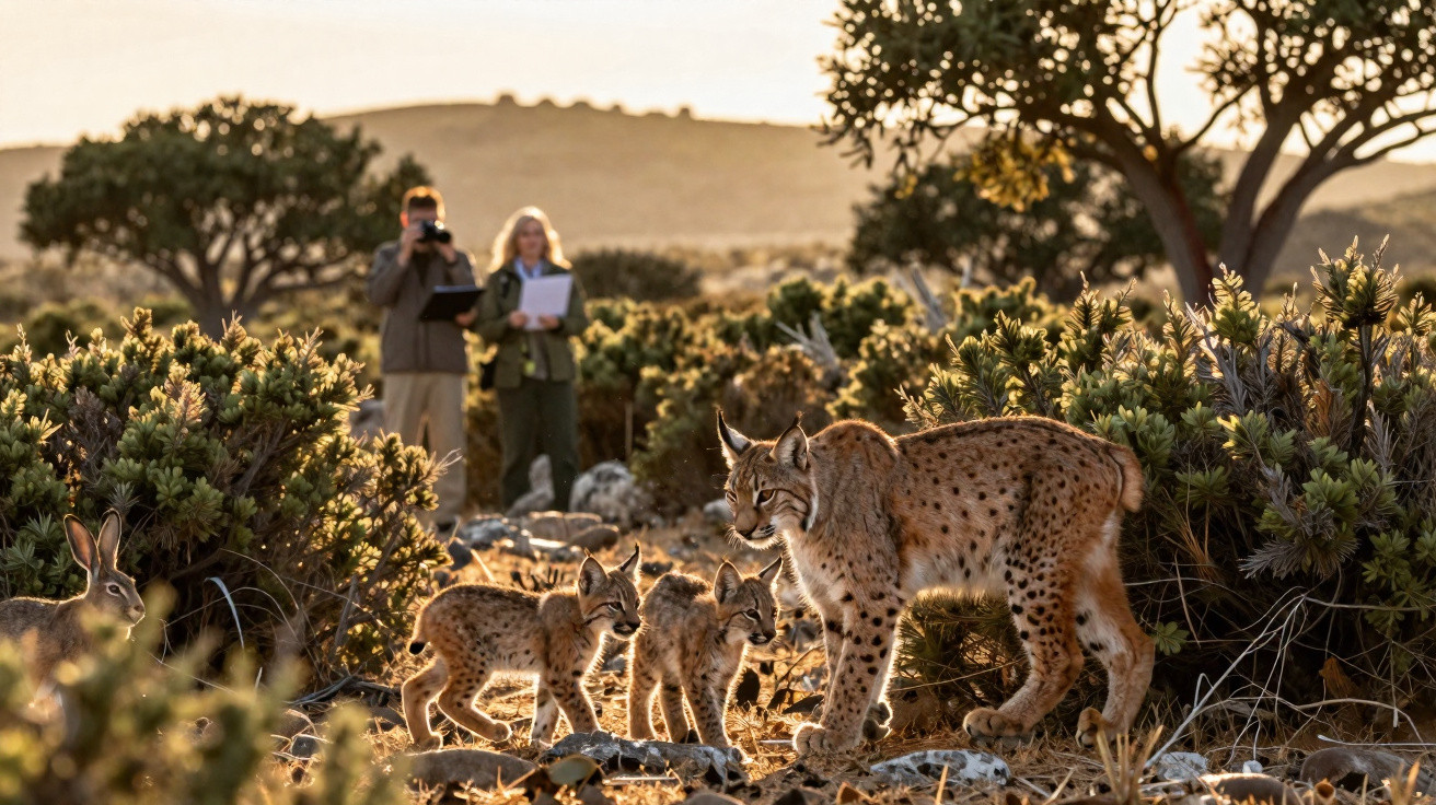 Lince adulto com três filhotes observa coelho em área de vegetação com dois pesquisadores ao fundo.