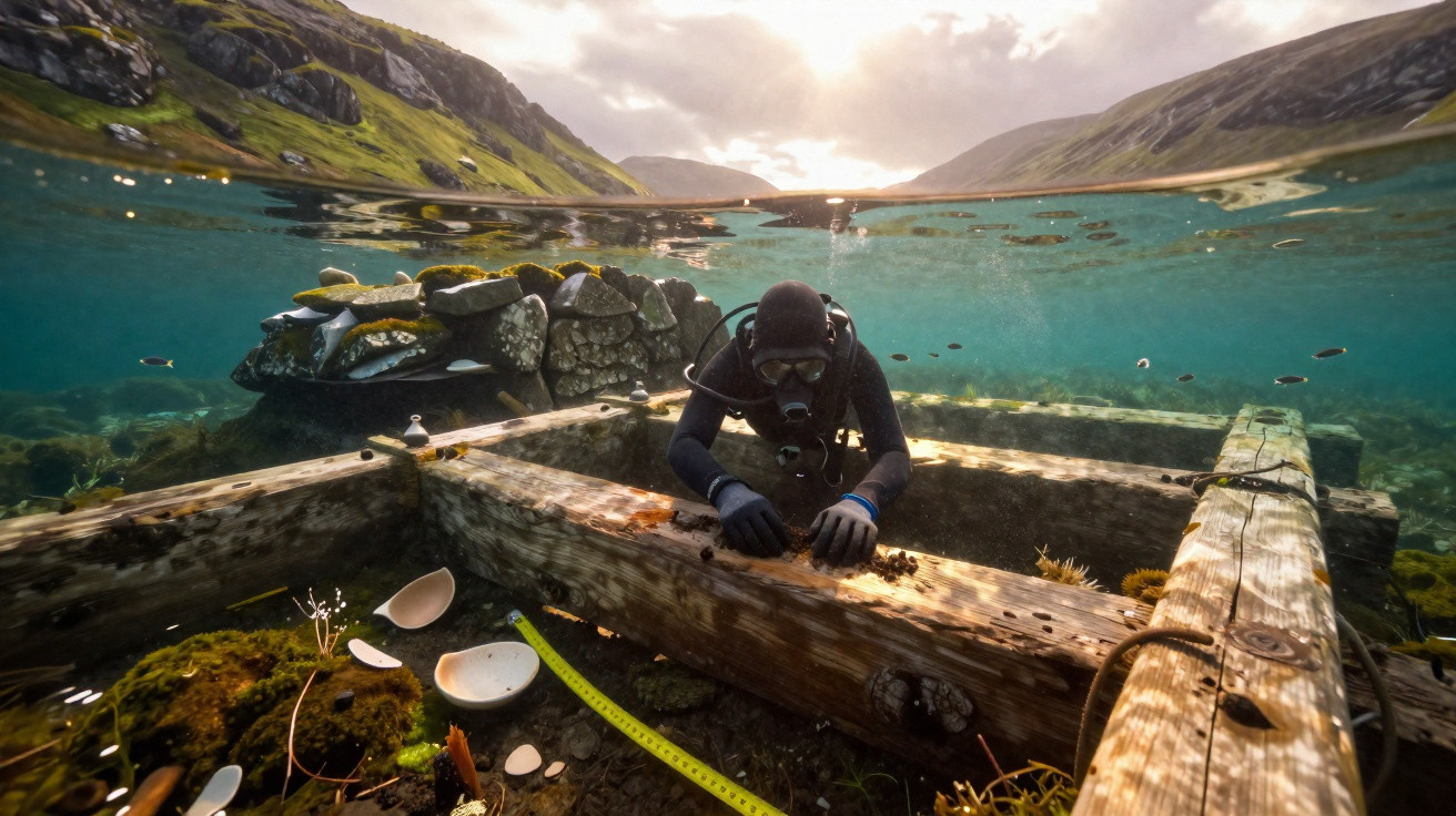 Mergulhador coleta amostras em arqueologia subaquática entre estruturas de madeira em lago de montanha.
