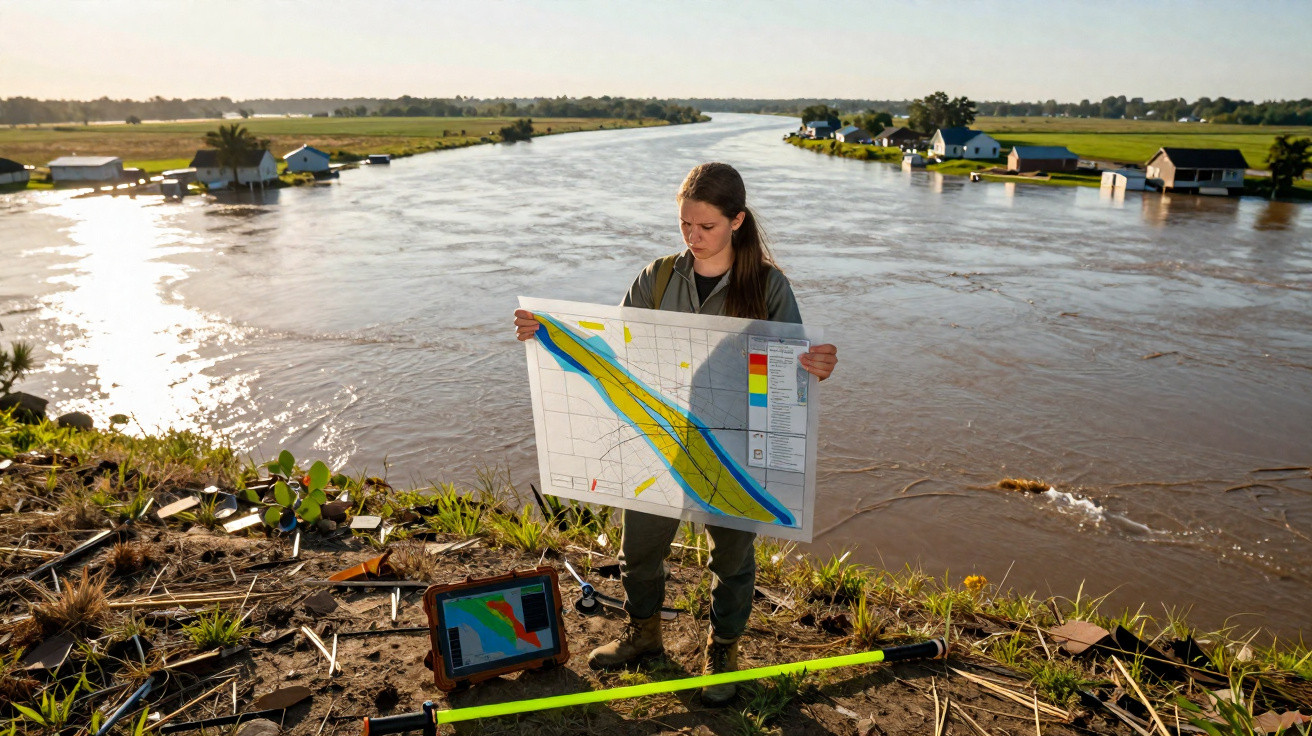 Mulher segura mapa de áreas de risco de enchente perto de rio com casas e vegetação ao redor.