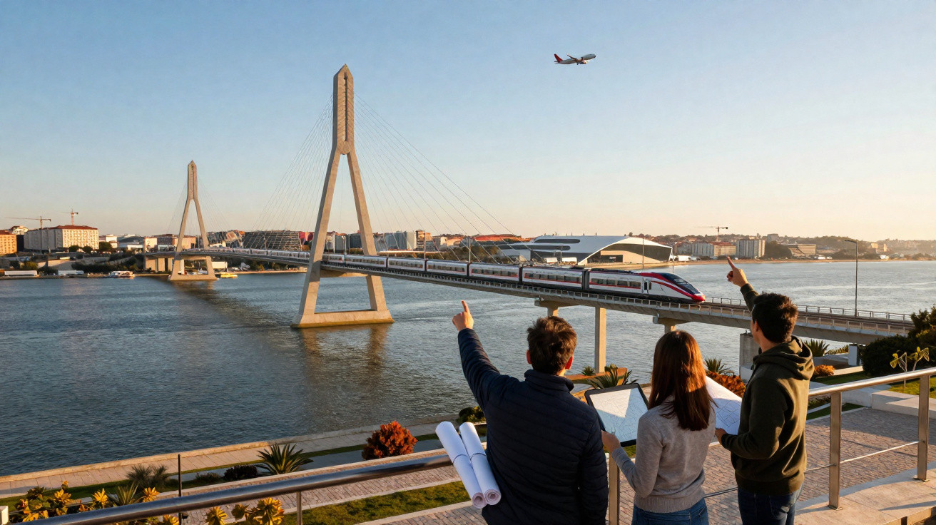 Três pessoas apontam para um trem em ponte sobre rio, com avião voando no céu ao fundo.