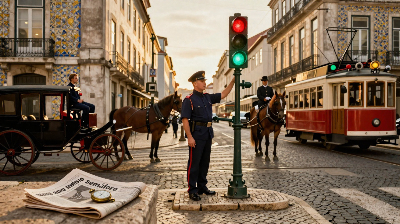 Policial de trânsito controla semáforo com luz vermelha e verde em rua histórica com bonde e carruagem puxada por cavalos.