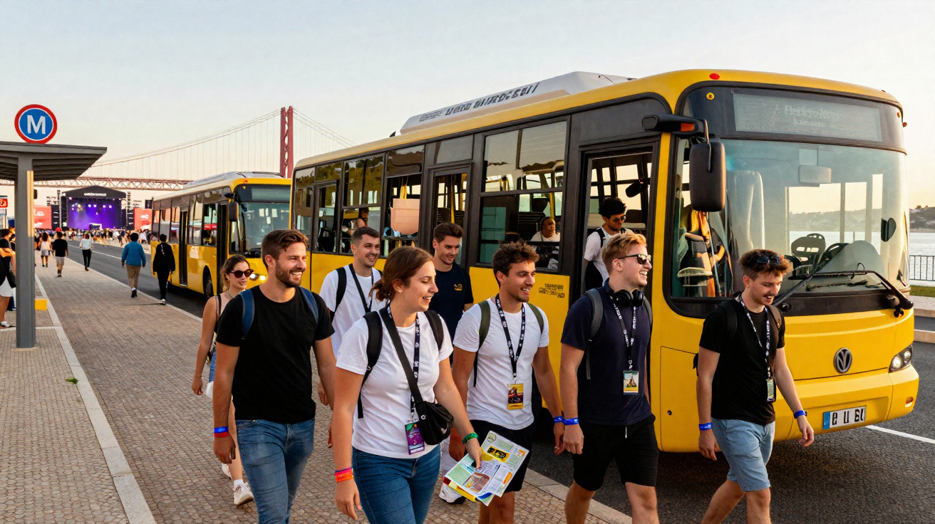 Pessoas caminhando ao lado de ônibus amarelos estacionados em calçada próxima a ponte suspensa ao fundo.