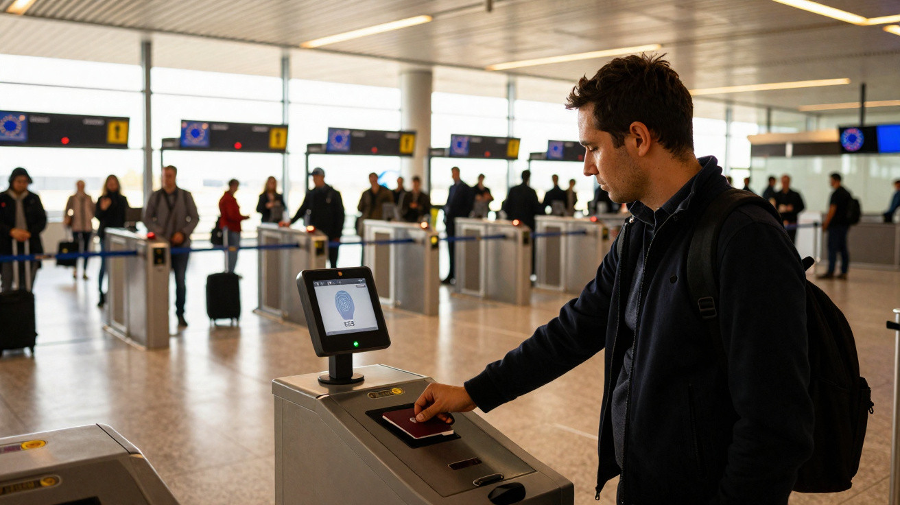 Homem com mochila usa passaporte para passar por catraca eletrônica em área de controle de fronteira.
