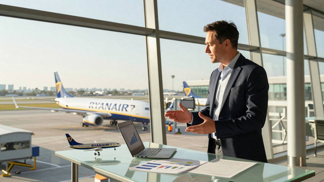 Homem em terno fala ao celular em pé próximo a laptop com avião Ryanair visível ao fundo no aeroporto.