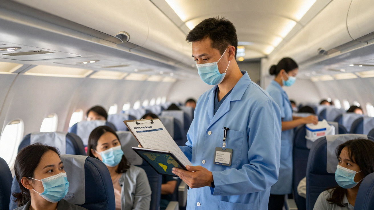 Comissário de bordo usando máscara de proteção atende passageiros também de máscara dentro do avião.