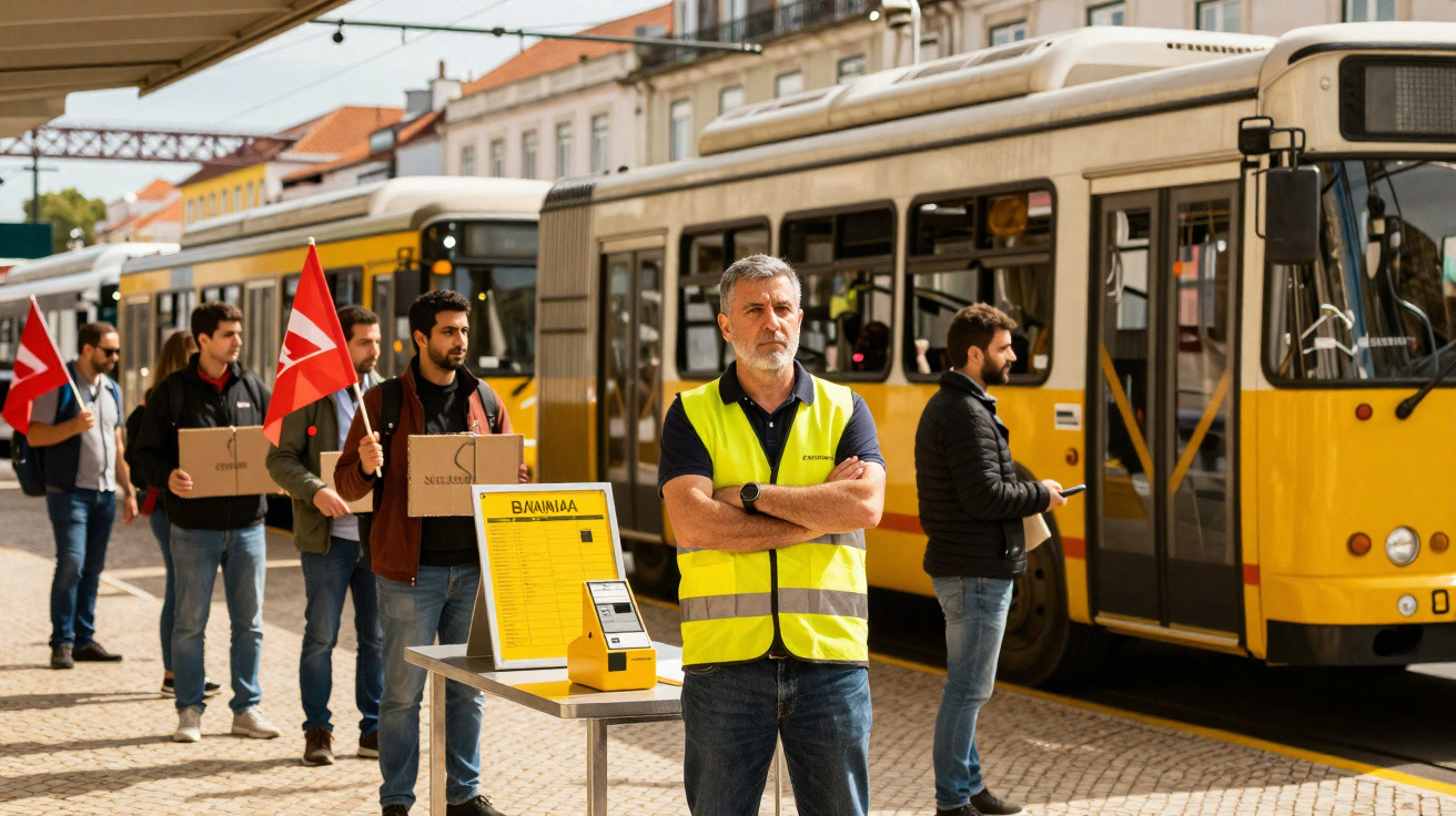 Trabalhadores com colete refletivo e bandeiras vermelhas em protesto na frente de ônibus amarelos em parada urbana.