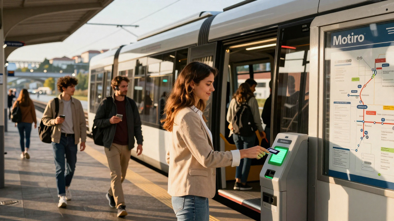 Mulher usando cartão para validar passagem em painel digital na plataforma de metrô Motiro.