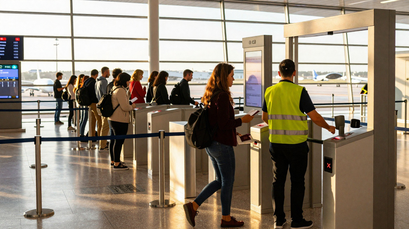 Passageiros com bagagem passam por controle de segurança no aeroporto em fila organizada.