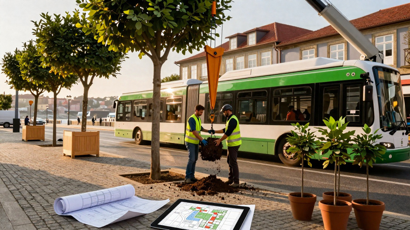 Dois trabalhadores plantam árvore na calçada de rua com ônibus ao fundo durante o dia.
