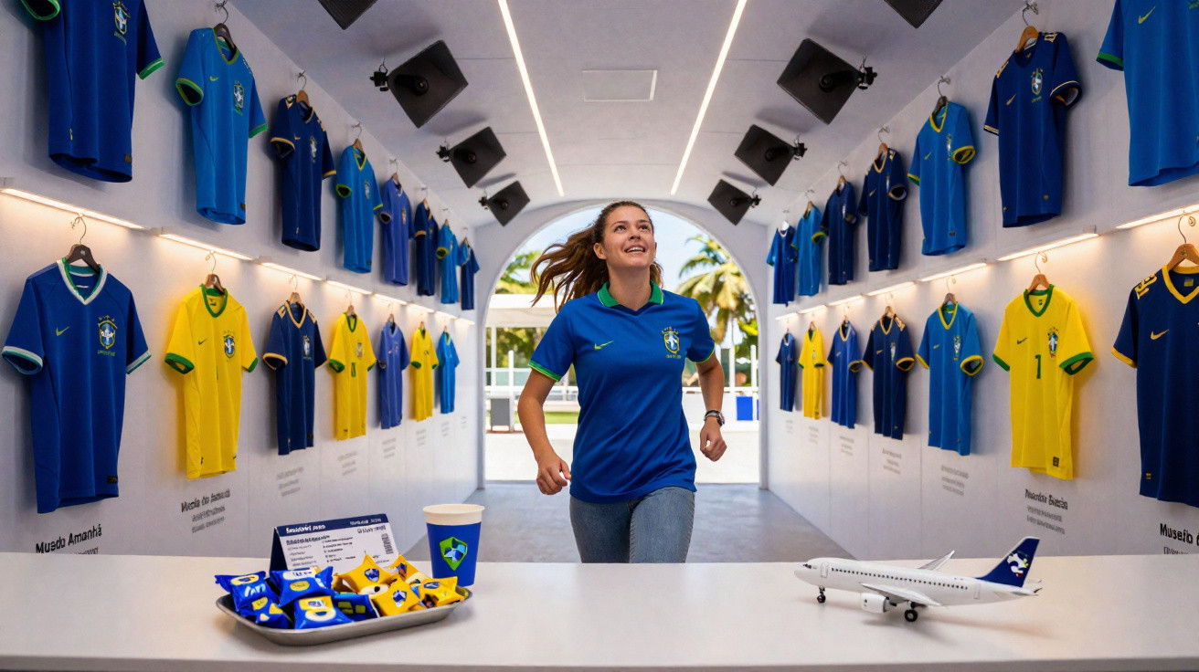 Mulher sorridente corre em museu com camisas da seleção brasileira de futebol penduradas nas paredes.