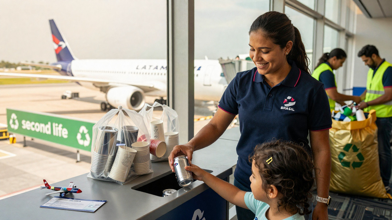 Funcionária e criança reciclano latas em aeroporto com avião da Latam ao fundo.
