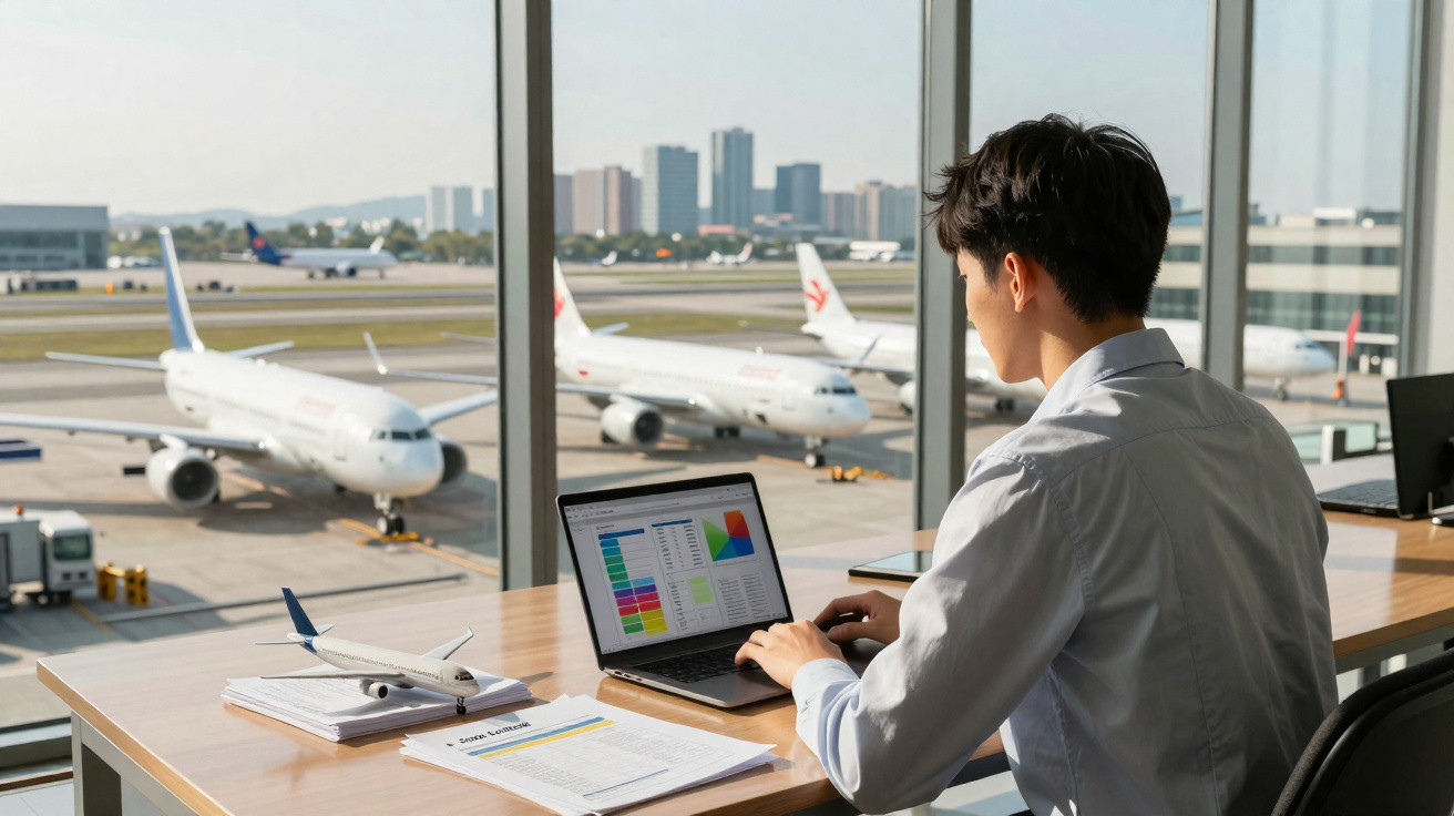 Homem trabalhando em laptop com vista para várias aeronaves estacionadas no aeroporto através da janela.