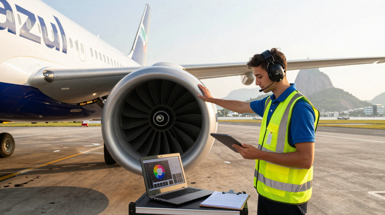 Técnico em aeroporto inspecionando motor de avião com notebook e tablet no chão.