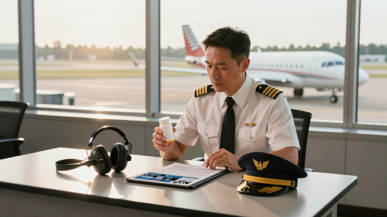 Piloto em uniforme branco verifica frasco de remédio sentado à mesa no aeroporto com avião ao fundo.